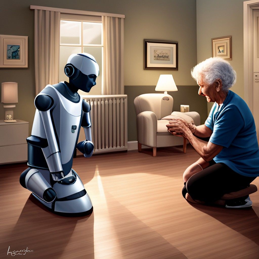 A robot helping an elderly person with physical exercise