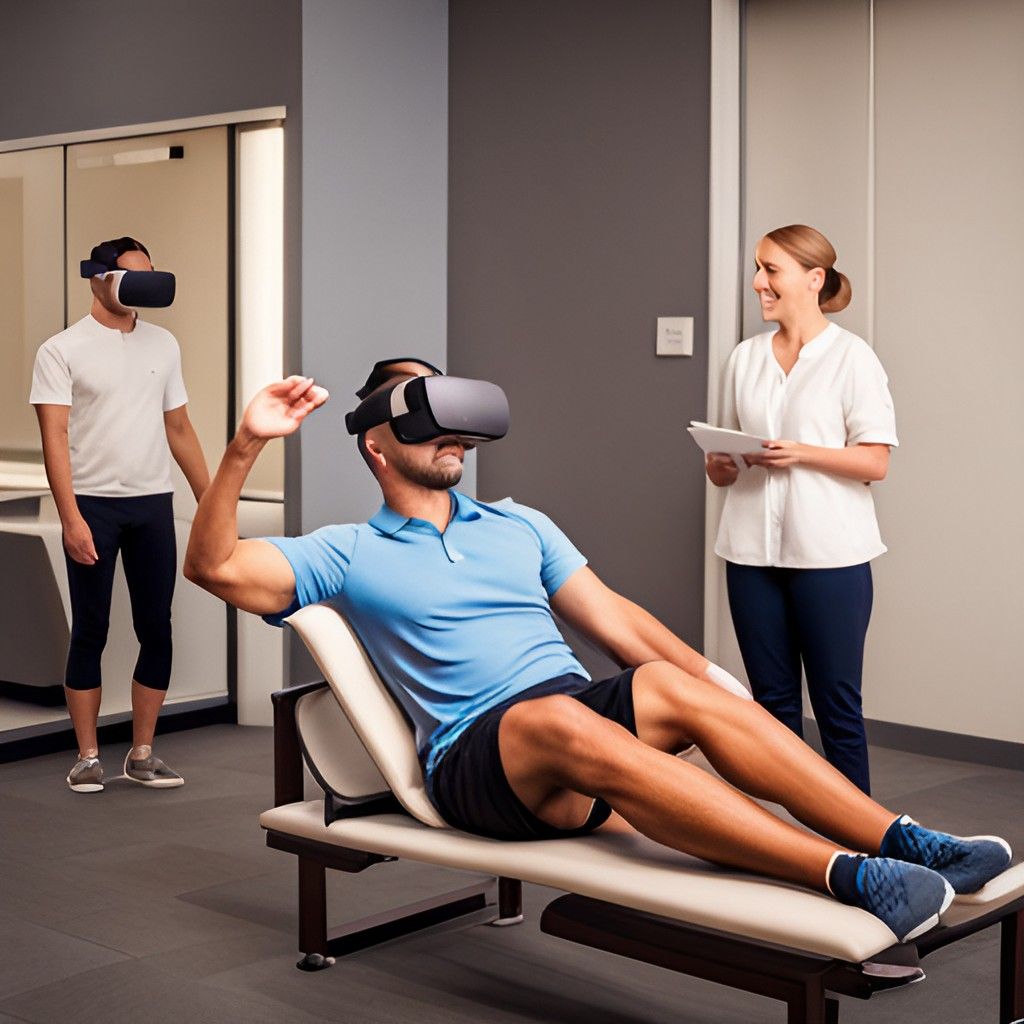 A patient wearing a VR headset in a virtual environment performing physical therapy exercises