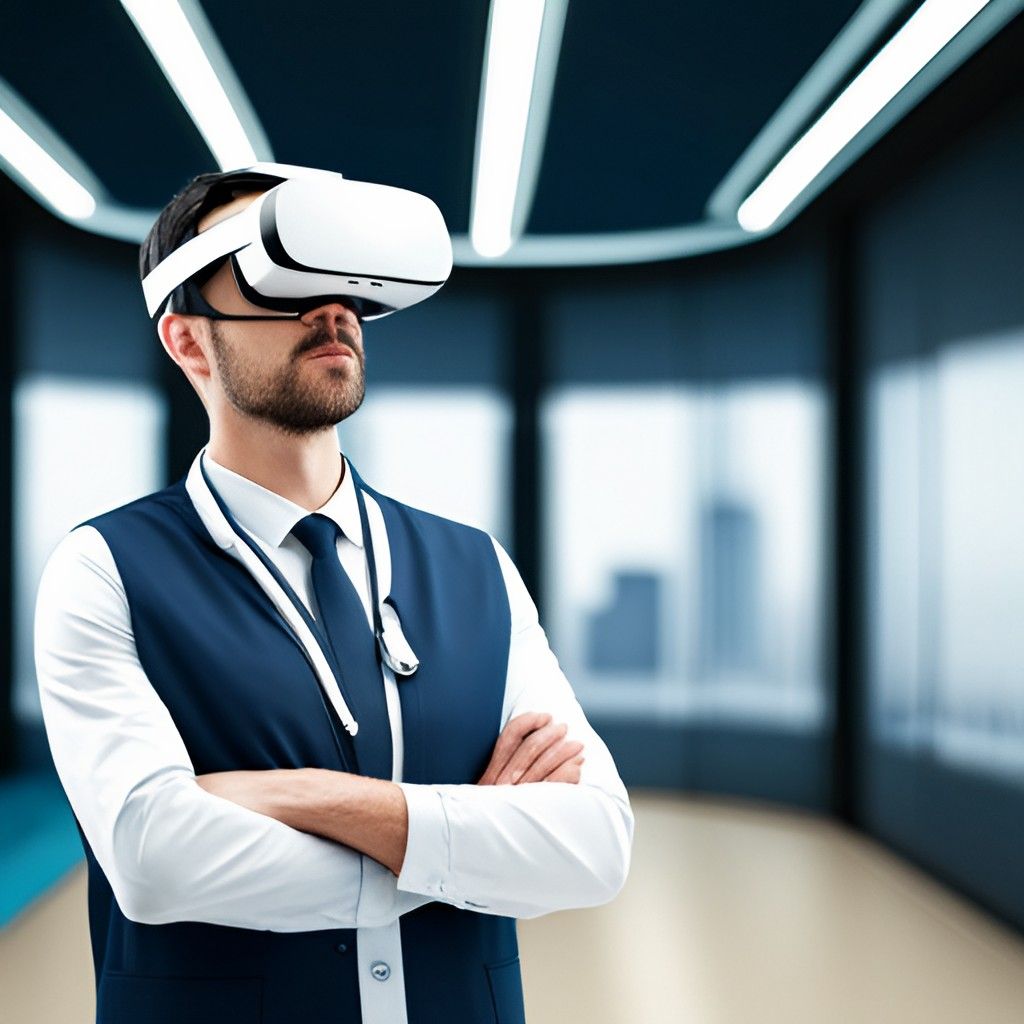 A healthcare professional wearing a VR headset in a virtual environment to discuss healthcare virtual reality